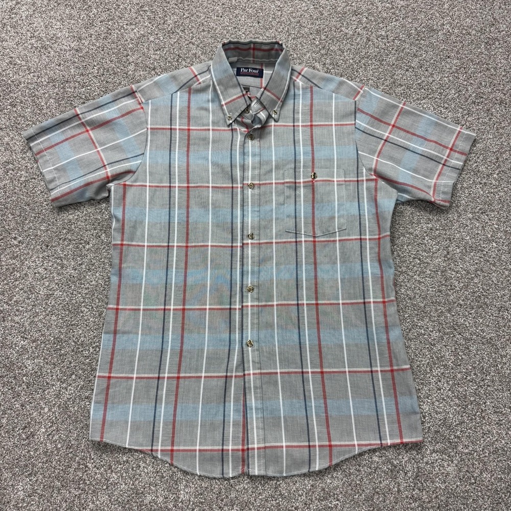 Vintage Par Four Shirt Mens Medium Gray Plaid Short Sleeve Button Up Pockets